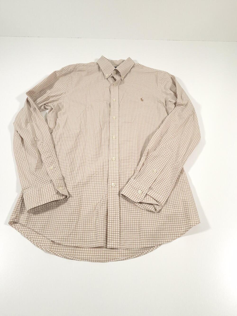 Polo Ralph Lauren Shirt Mens M Beige Check Slim Fit Button Down L/S Casual